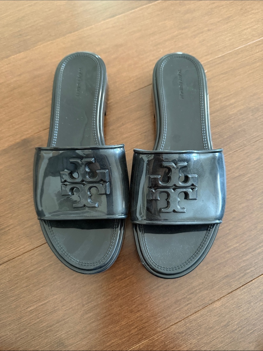 Tory Burch Glossy Black Logo Slide Sandals